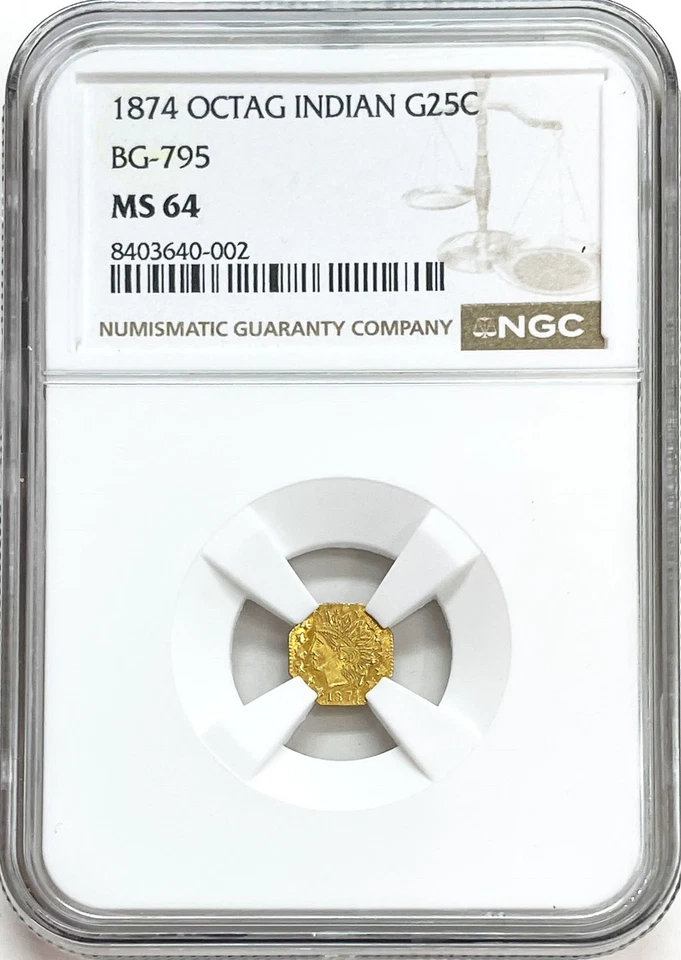 1874 CALIFORNIA FRACTIONAL GOLD 25C INDIAN OCTAGONAL BG 795 NGC MS 64 - Image 3 of 4