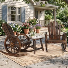 Outdoor Wooden Rocking Chair Set Patio Furniture Log Table  Wagon Wheel Chairs