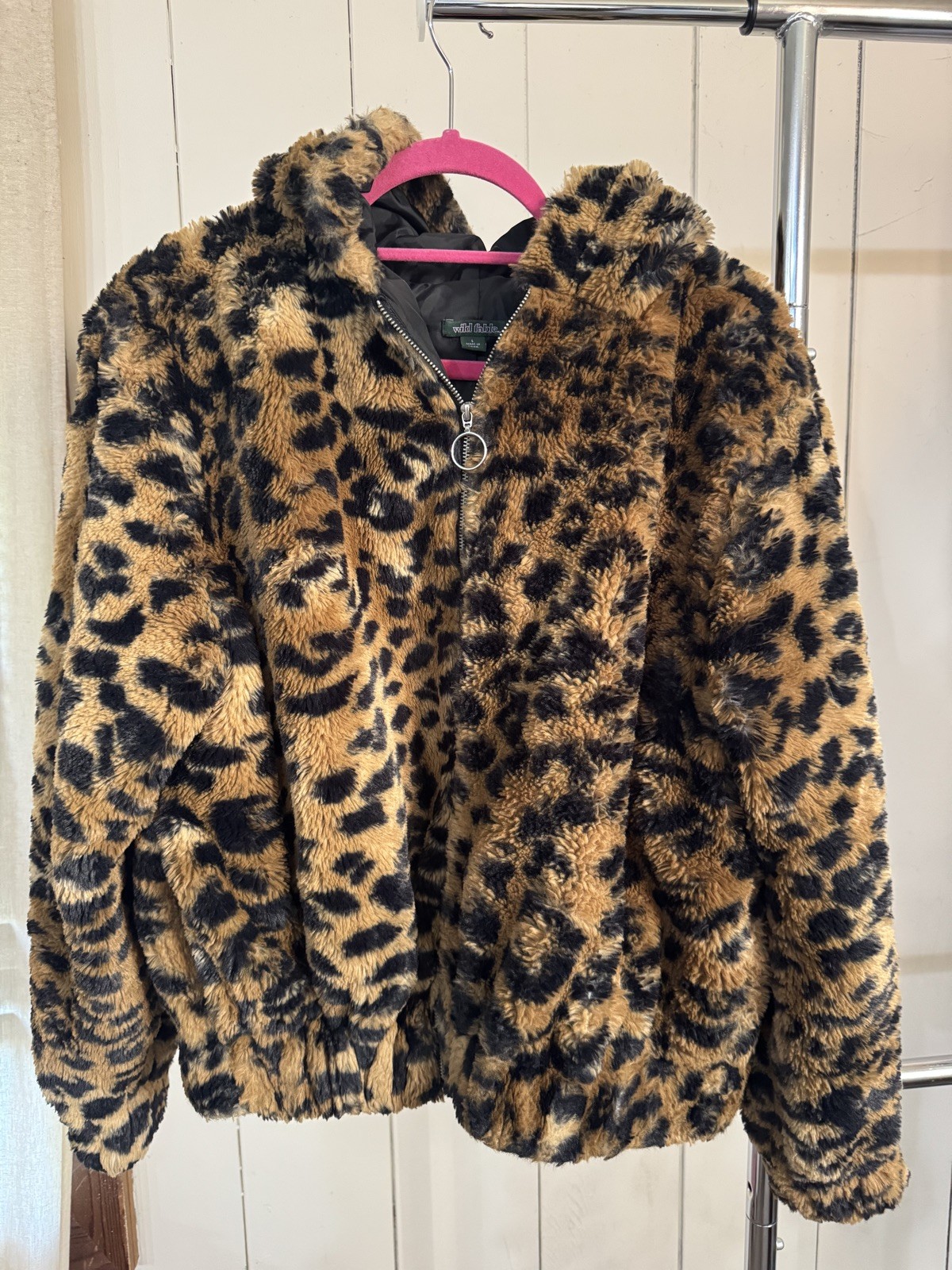 Wild Fable Women’s Leopard Print Fuzzy Faux Fur Zip Up Jacket Animal Ears Large