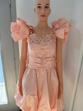 Vintage Peach Party Dress Puff Sleeve Bow Lace Flower Girl Pageant Small