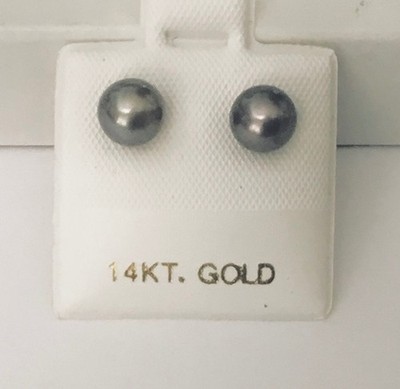Black  Cultured  Pearl  6 mm  With Solid  14K  Yellow  Gold  Stud  Earrings  NEW