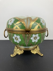 Large Antique Bohemian Hand Enameled Jewelry Casket Dresser Box Green/Cream/Nice