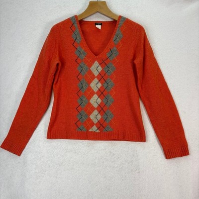 Vtg J. Crew Orange Argyle V-Neck Lambs Wool Sweater Women's L Y2K Grandpa Indie