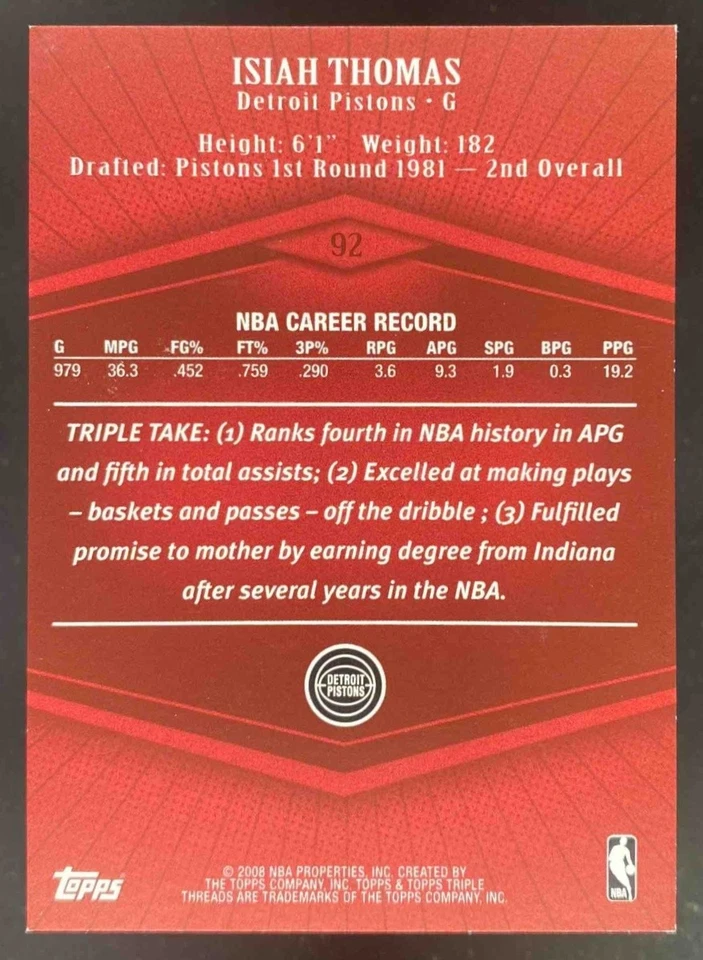 Isiah Thomas 2007-08 Topps Triple Threads /333 #92 Pistons - Image 2 of 4
