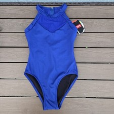 TYR Womens Eva One Piece Swimsuit Solid Royal Blue High Neck Size S 4/6 New
