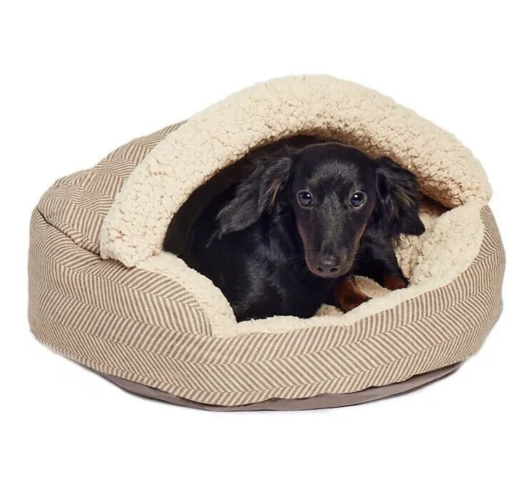 Plush Fleece Lined Deep Dish Herringbone Cave Pet Bed, 35” Mocha