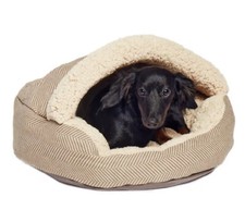 Plush Fleece Lined Deep Dish Herringbone Cave Pet Bed, 35  Mocha-Large
