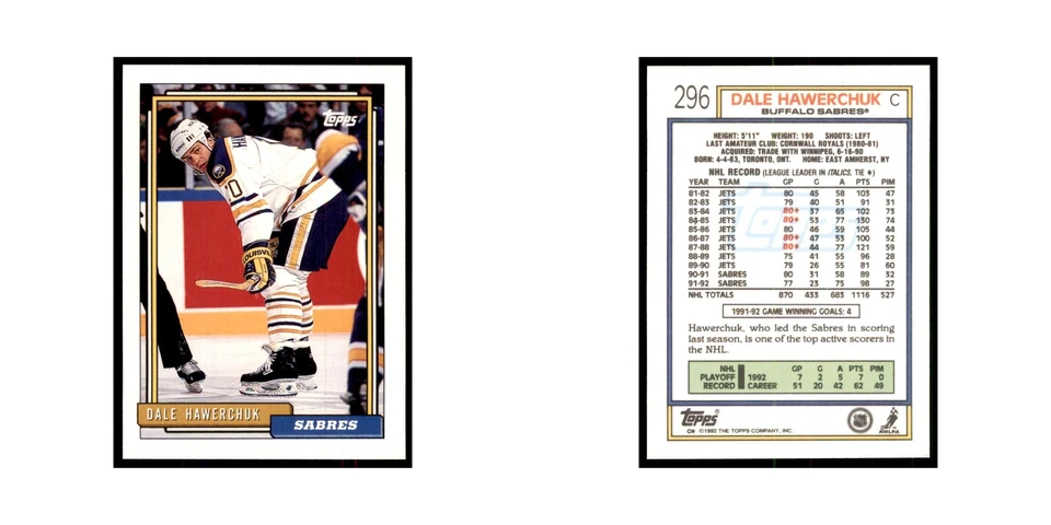 Dale Hawerchuk 1992 Topps #296 Hockey Cards Hockey Card NM - Image 3 of 3