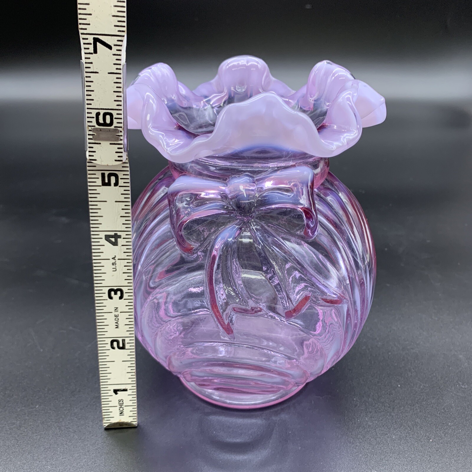 Fenton Art Glass Vase – Light Purple Opalescent, Draped with Ruffled Top & Bow