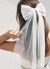 Bridal Hair Bow Veil Pearl White Tulle Wedding Bachelorette Party Accessories