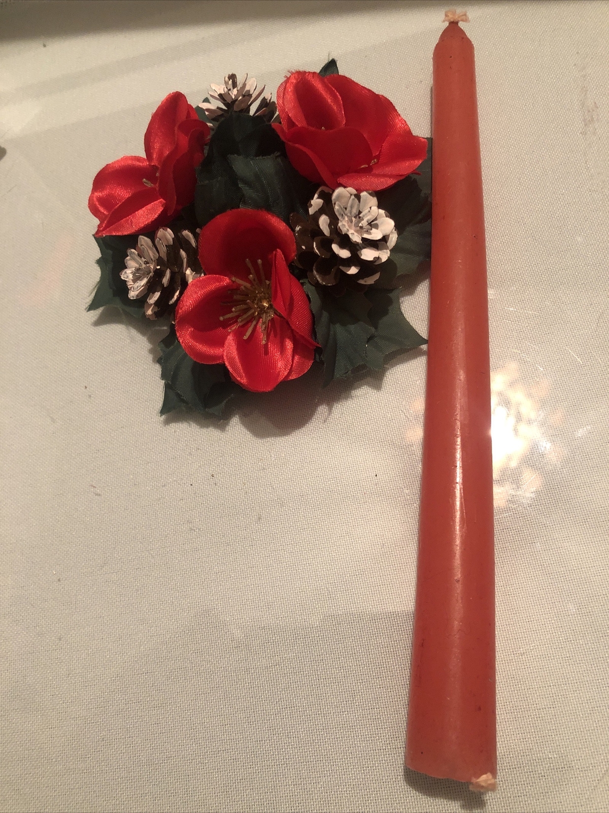 Christmas Candle Ring Holder Pine Wreath Holly Xmas Rose Mini Cones