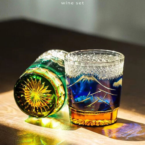 2PCS Whiskey Glasses EDO Kiriko Glass Tumbler Fuji Mountain 9oz Green and Blue - Afbeelding 1 van 12