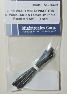 Micro Mini 3 Pin Connectors 8'' Wire 3/16'' Dia Male & Female 1 Amp Miniatronics 
