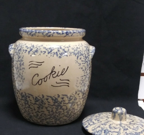 Robinson Ransbottom Roseville Ohio Pottery Cookie Jar Blue Spongeware/Lid As Is - Picture 10 of 11