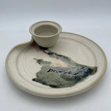 Art Pottery Chip & Dip Shrimp Cheese Handmade Ceramic Plate and Dipping Bowl