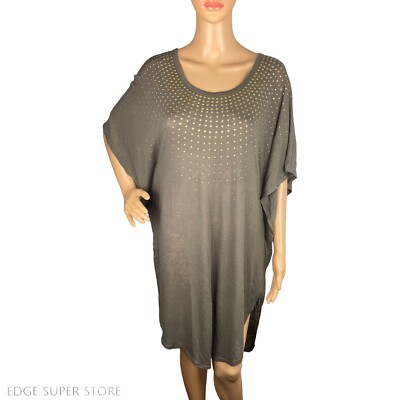 BCBGMAXAZRIA Dusty Olive Green Oversized Embellished Flowy Poncho Top Size Small