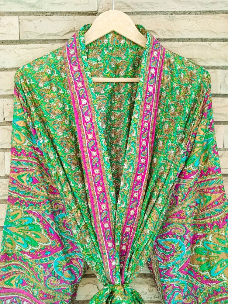 Pura Seda Verde Kimono Largo Vestido Traje Mujer Bata Noche KMO4286