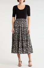 Tahari NWT Women's Scoop-Neck Mixed Media MIDI Dress Black Size S SALE $138