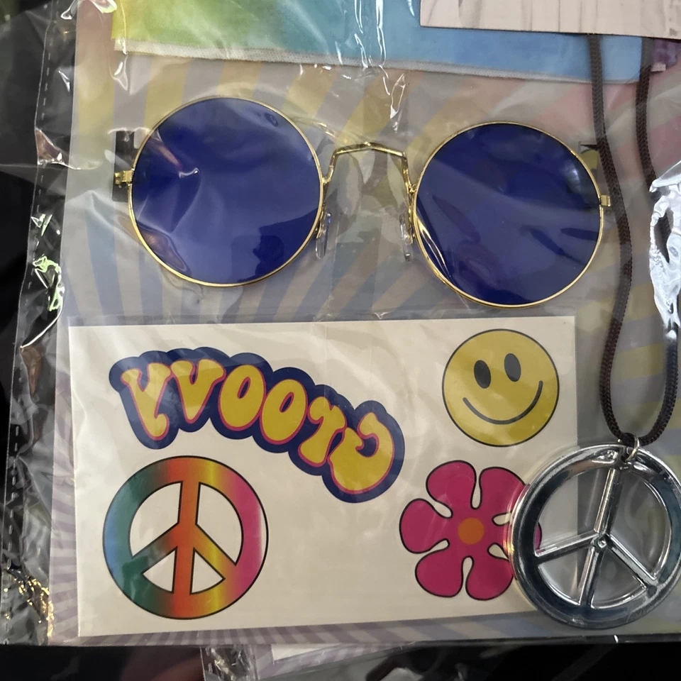 Feliz Halloween Hippie Disfraz Accesorios - Bufanda/Gafas/Collar/Tatuaje NUEVO Foto 3 de 4