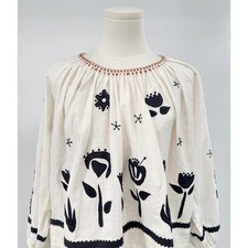 The Great. White Black Embroidered Top Scandi Floral Tie Back Tassel Small 1