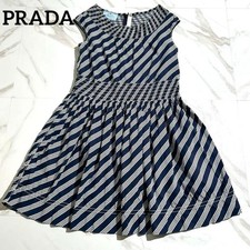 USED PRADA ITALIAN-MADE COTTON STRIPED DRESS, NAVY, SIZE 42 GOOD