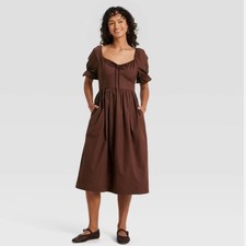 Universal Thread Brown Puff Sleeve Smocked Back Midi Dress with Pockets Womens
