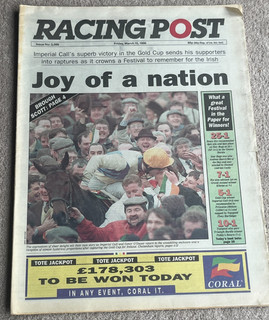 1996 Racing Post newspaper Imperial Call wins the Cheltenham Gold Cup