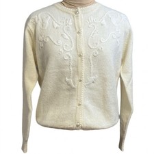 la Redoute Lambswool Angora Cardigan Faux Pearl Embroidered Floral Size Small
