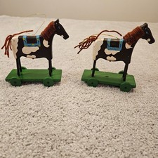 Christmas Mornin  Wooden Horse Pull Toy Ornaments Set of 2 Hand Painted Vintage