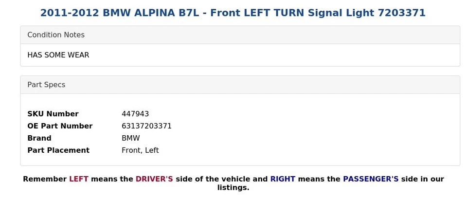 2011-2012 BMW ALPINA B7L - Front LEFT TURN Signal Light 7203371 - Image 4 of 4