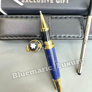 MONTBLANC Blue Engraved Rollerball Pen Gold Tone Trim w/ Pouch & Refill