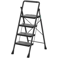 RIKADE 4 STEP LADDER FOLDING STEP STOOL WITH WIDE ANTI-SLIP PEDAL - BLACK