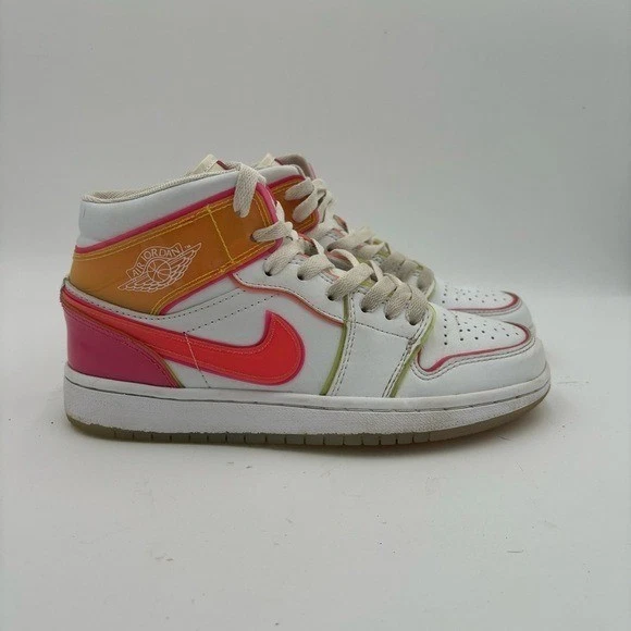 Nike Air Jordan 1 Mujer’s 7 Borde Medio Cuero Blanco Brillante Tenis Foto 2 de 4