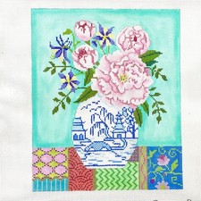 Hand painted Needlepoint canvas Brenda Stofft 10 x 12 Peonies Columbine 13ct