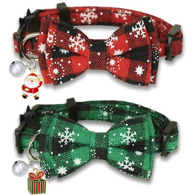 Christmas Cat Collar Bow Tie Bell 2 Pack Holiday Breakaway Kitty Kitten Pets