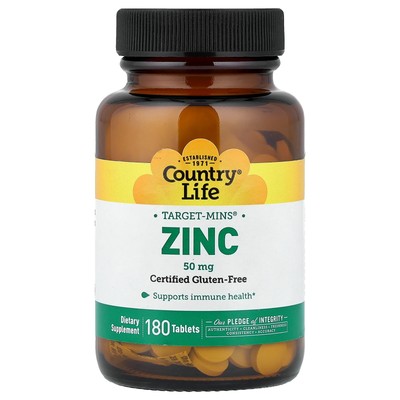 Country Life Zinc 50 mg 180 Tablets Gluten-Free, GMP Quality Assured , Kosher,
