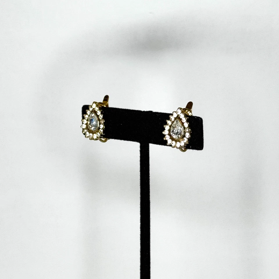 Hermosos Pendientes de Clip Trifari Vintage Lágrima Cristal Tono Dorado Foto 2 de 4