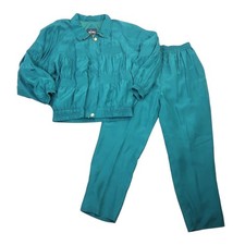 Vintage 90s Chili Pepper Teal Green Ruched Silk Track Suit Set L