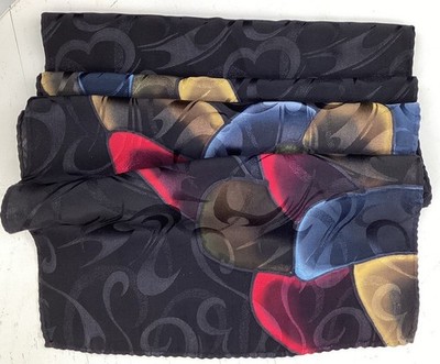 Robert Daskal Silk Rectangle Scarf 10 X 56'' Vibrant Colors Black Blue Gold Red