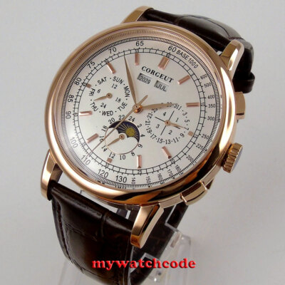 42mm Corgeut white dial day night sea-gull automatic mens Watch rose golden case