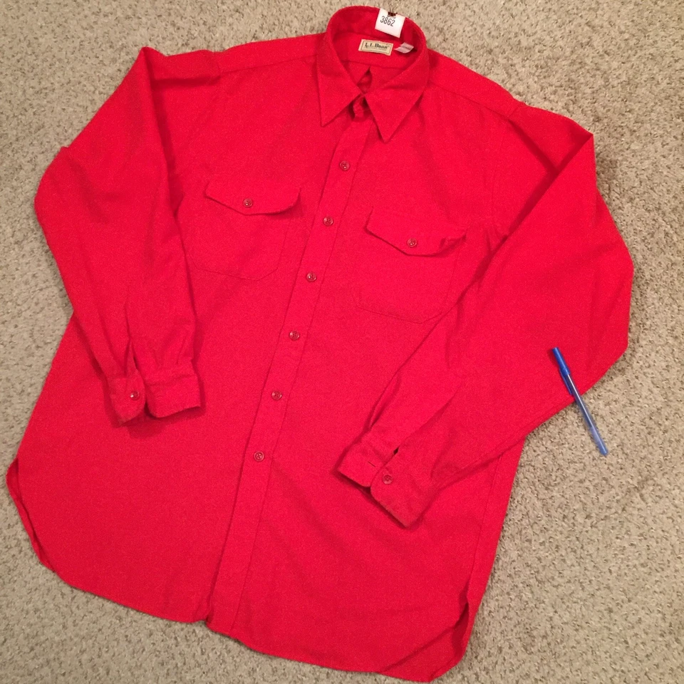 LL Bean Shirt Mens XL Red Long Sleeve Button Up Pockets Polyester Made In USA - Image 2 of 4
