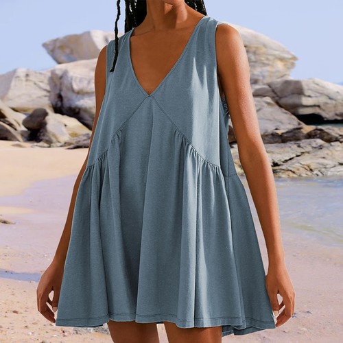 Womens Summer Sleeveless Mini Dress Casual Loose V Neck Sundress Babydoll Dress - Picture 9 of 16