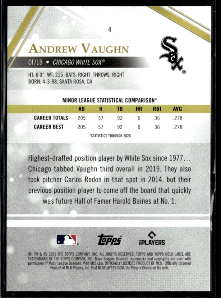 2021 Topps Gold Label Class 2 #4 Andrew Vaughn RC  BB01R01B - Image 2 of 2