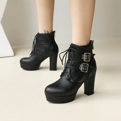 Women's Punk Ankle Boots Round Toe Block High Heel Buckle Platform Shoes 44-48 D - Picture 4 of 17