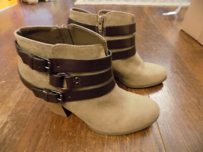Carlos Santana Hollie Taupe Suede Chunky 3.75'' Heel Strappy Ankle Boots sz 10 EC