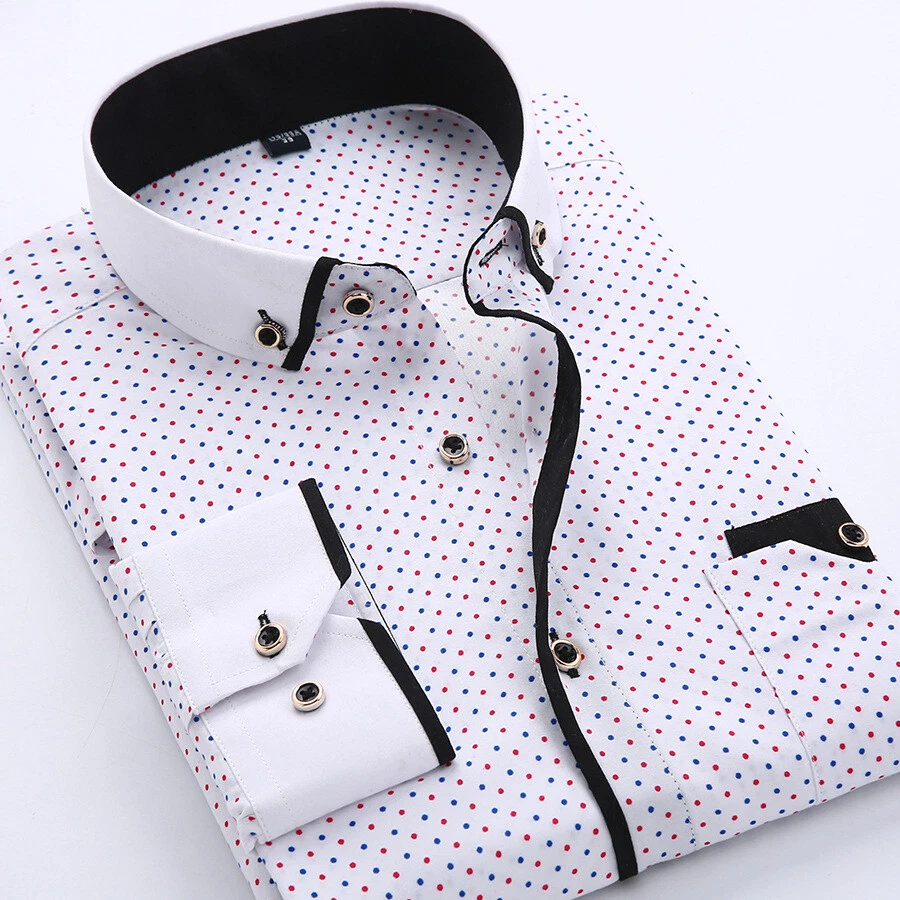 Mens Dress Shirts Long Sleeves Formal Business Slim Non Iron Dot Casual Shirts - Image 3 of 4