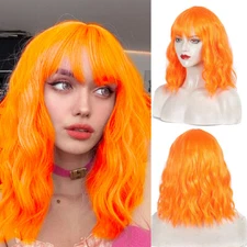 Short Wavy Curly Hair Bob Wigs With Bangs Synthetic Wig For Cosplay Orange