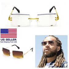 Mens Small Rectangular Sophisticated Gold Clear Lens Square Rimless Eye Glasses