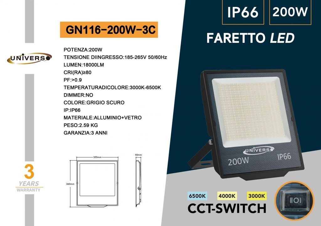 Faretto LED 200W Universo GN116-200W-3C IP66 Grigio CCT Selezionabile