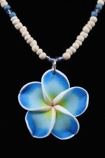 Coconut Shell Necklace Fimo Plumeria Flower - 16", Hawaiian Jewelry, Blue Yellow